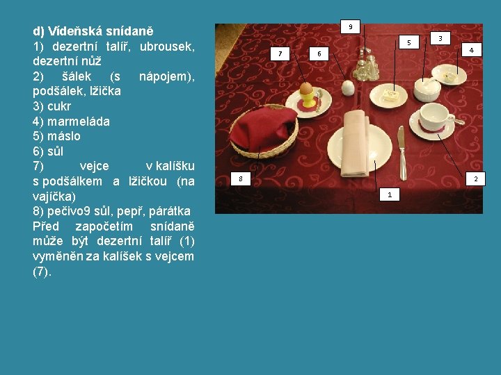 d) Vídeňská snídaně 1) dezertní talíř, ubrousek, dezertní nůž 2) šálek (s nápojem), podšálek,