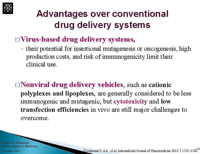 Advantages over conventional drug delivery systems � Virus-based drug delivery systems, ◦ their potential