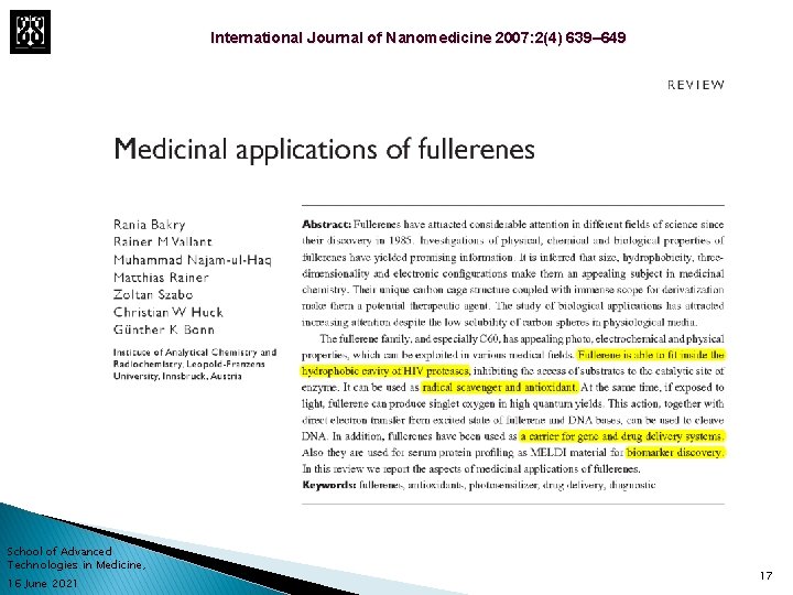 International Journal of Nanomedicine 2007: 2(4) 639– 649 School of Advanced Technologies in Medicine,