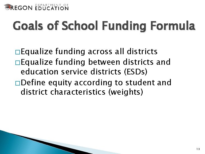 Goals of School Funding Formula �Equalize funding across all districts �Equalize funding between districts