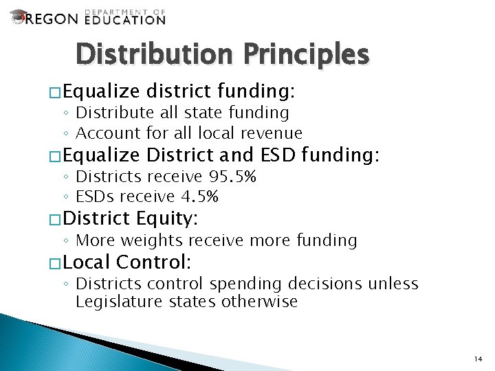 Distribution Principles � Equalize district funding: � Equalize District and ESD funding: ◦ Distribute