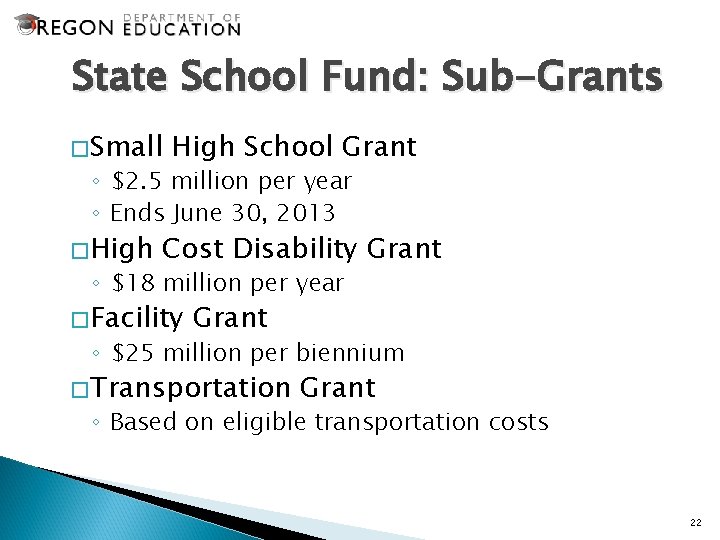 State School Fund: Sub-Grants �Small High School Grant ◦ $2. 5 million per year