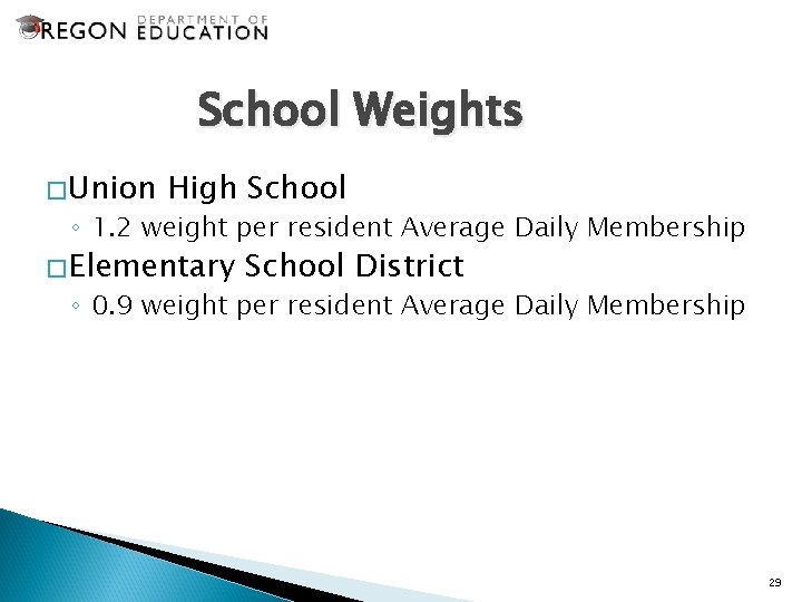 School Weights �Union High School ◦ 1. 2 weight per resident Average Daily Membership