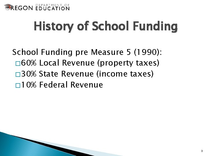 History of School Funding pre Measure 5 (1990): � 60% Local Revenue (property taxes)