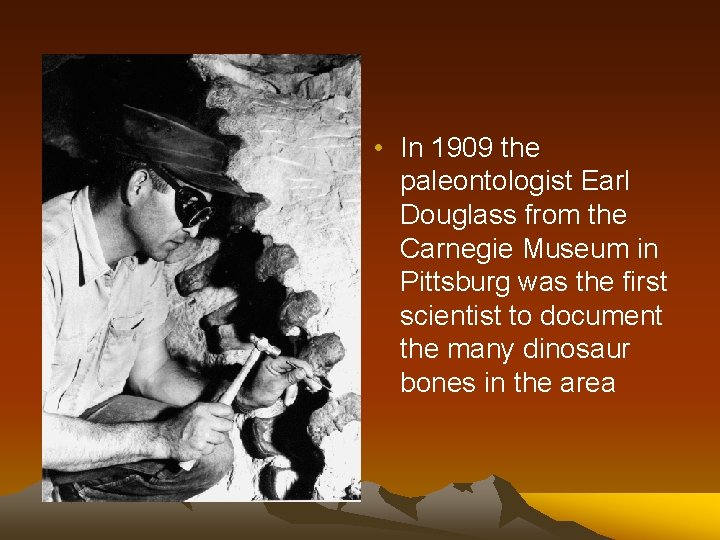  • In 1909 the paleontologist Earl Douglass from the Carnegie Museum in Pittsburg