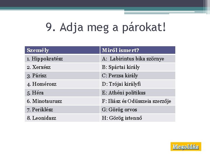 9. Adja meg a párokat! Személy Miről ismert? 1. Hippokratész A: Labirintus bika szörnye