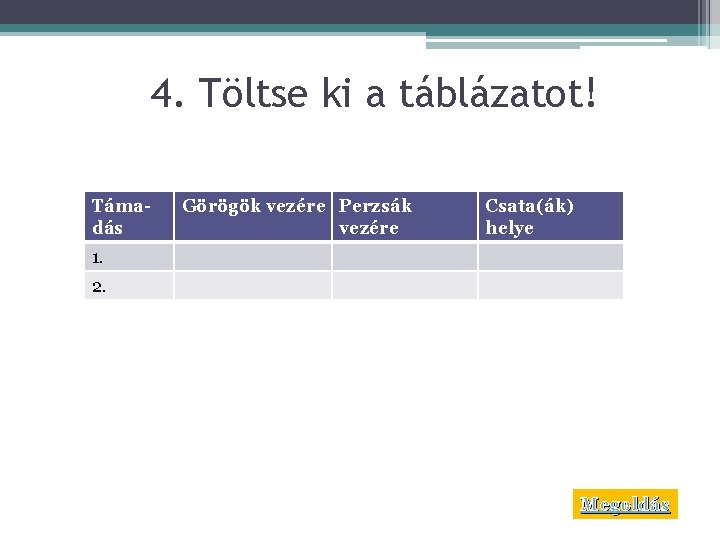 4. Töltse ki a táblázatot! Támadás Görögök vezére Perzsák vezére Csata(ák) helye 1. 2.