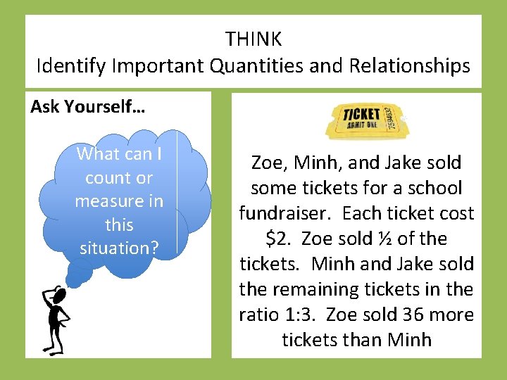 THINK Identify Important Quantities and Relationships Ask Yourself… What can I count or measure