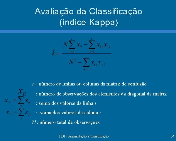 Avaliação da Classificação (índice Kappa) r : número de linhas ou colunas da matriz