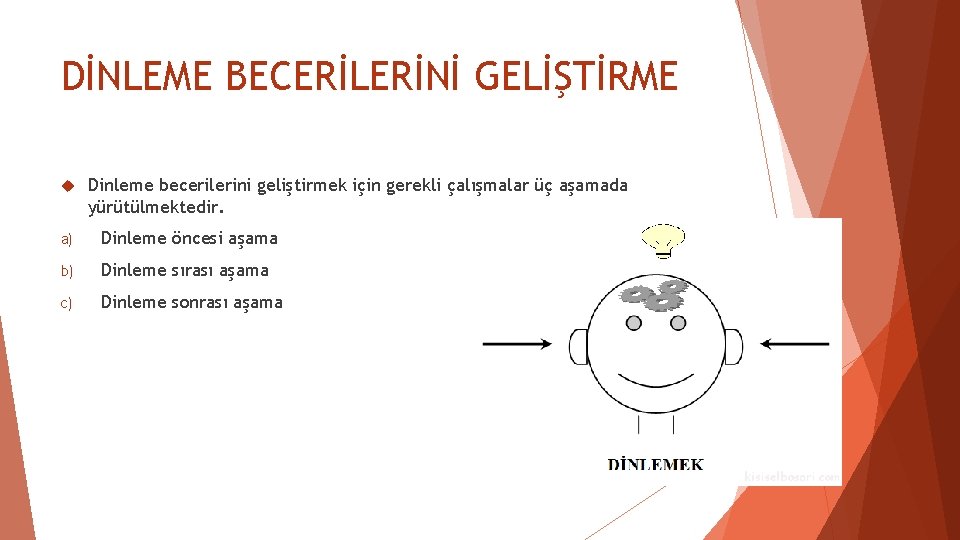 DİNLEME BECERİLERİNİ GELİŞTİRME Dinleme becerilerini geliştirmek için gerekli çalışmalar üç aşamada yürütülmektedir. a) Dinleme DİNLEME BECERİLERİNİ GELİŞTİRME Dinleme becerilerini geliştirmek için gerekli çalışmalar üç aşamada yürütülmektedir. a) Dinleme