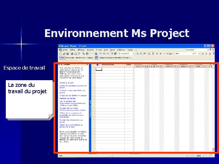 Environnement Ms Project Espace de travail La zone du travail du projet 