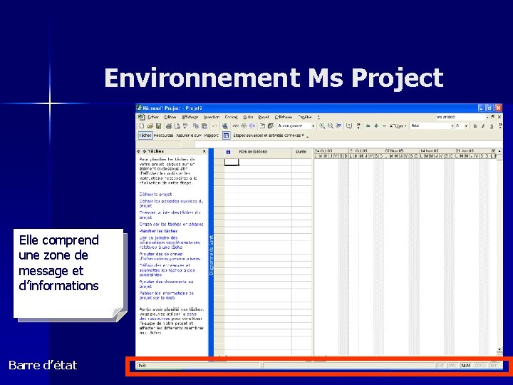 Environnement Ms Project Elle comprend une zone de message et d’informations Barre d’état 