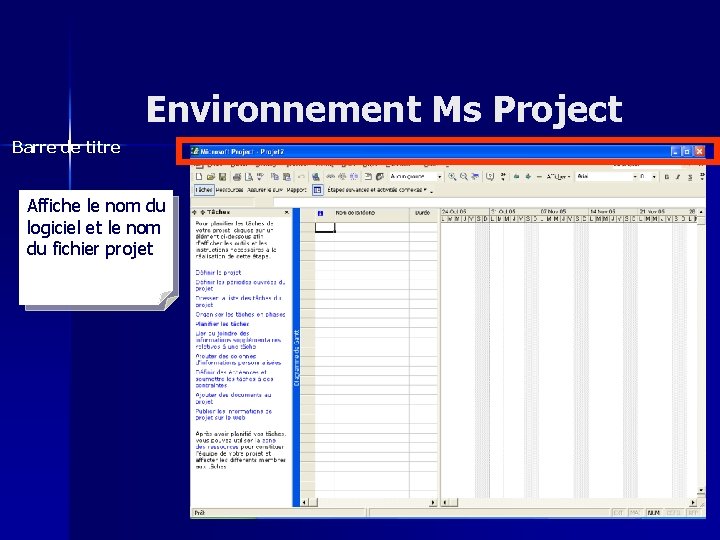 Environnement Ms Project Barre de titre Affiche le nom du logiciel et le nom