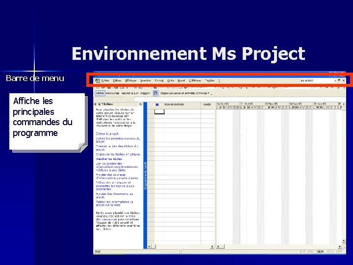 Environnement Ms Project Barre de menu Affiche les principales commandes du programme 