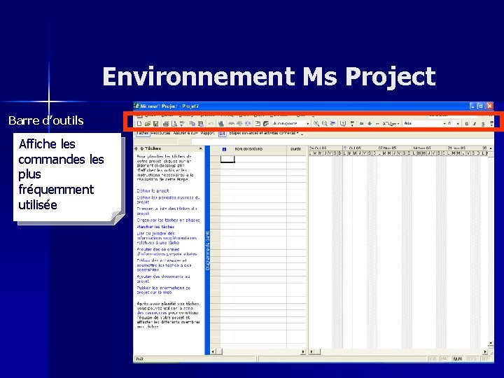 Environnement Ms Project Barre d’outils Affiche les commandes les plus fréquemment utilisée 