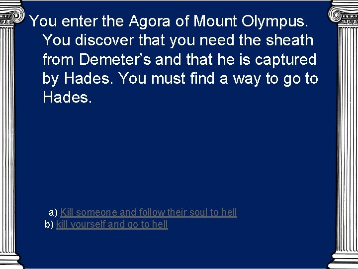 You enter the Agora of Mount Olympus. You discover that you need the sheath