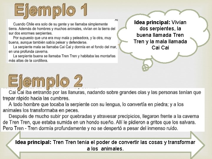 Ejemplo 1 Idea principal: Vivían dos serpientes, la buena llamada Tren y la mala