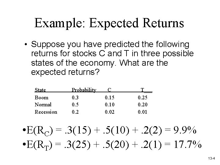 Example: Expected Returns • Suppose you have predicted the following returns for stocks C