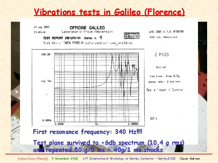 Vibrations tests in Galileo (Florence) First resonance frequency: 340 Hz!!!! Test plane survived to