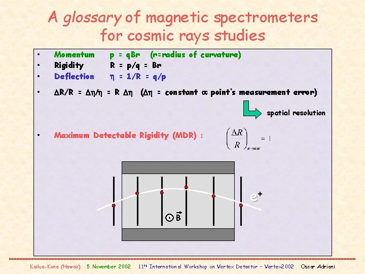 A glossary of magnetic spectrometers for cosmic rays studies • • • Momentum Rigidity