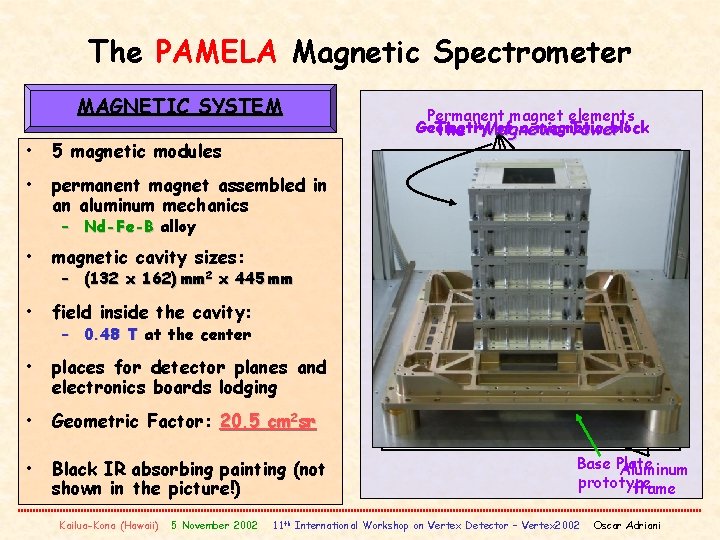 The PAMELA Magnetic Spectrometer MAGNETIC SYSTEM • 5 magnetic modules • permanent magnet assembled