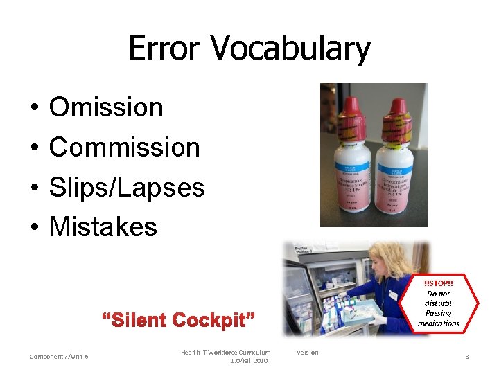 Error Vocabulary • • Omission Commission Slips/Lapses Mistakes !!STOP!! Do not disturb! Passing medications