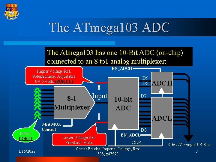 The ATmega 103 ADC The Atmega 103 has one 10 -Bit ADC (on-chip) connected