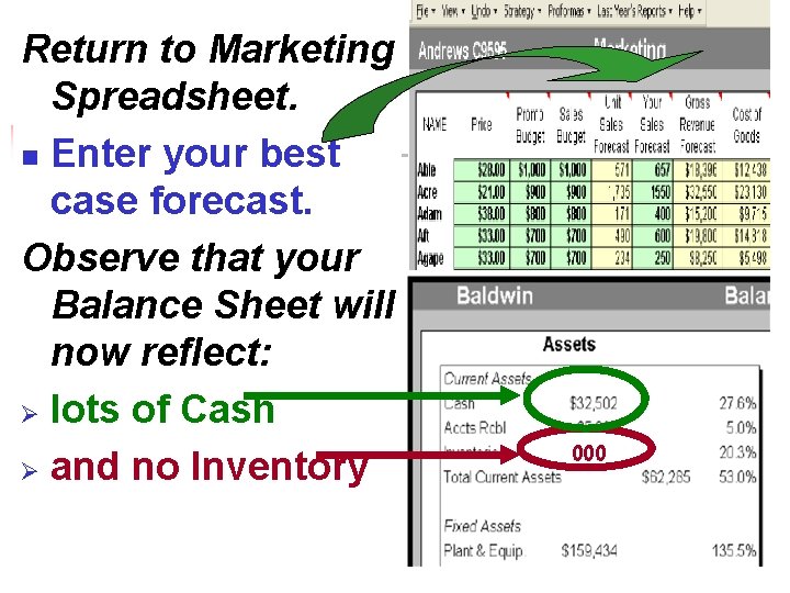 Return to Marketing Spreadsheet. n Enter your best case forecast. Observe that your Balance