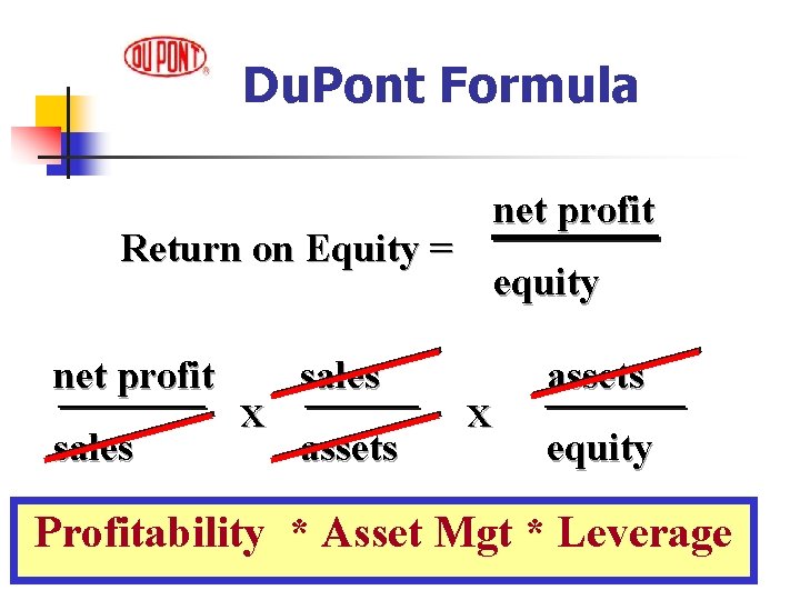 Du. Pont Formula net profit Return on Equity = net profit sales x sales