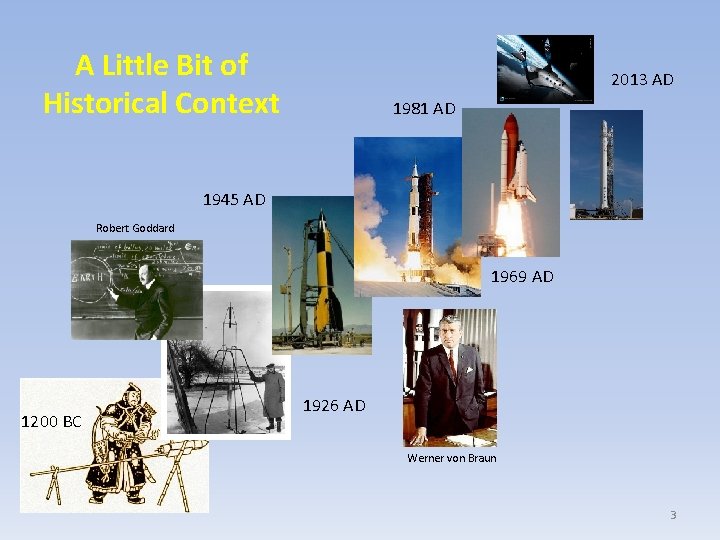 A Little Bit of Historical Context 2013 AD 1981 AD 1945 AD Robert Goddard A Little Bit of Historical Context 2013 AD 1981 AD 1945 AD Robert Goddard