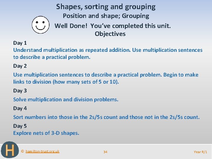 Shapes, sorting and grouping Position and shape; Grouping Well Done! You’ve completed this unit.