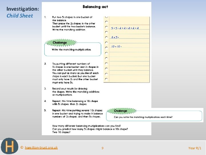 Investigation: Child Sheet © hamilton-trust. org. uk 9 Year R/1 