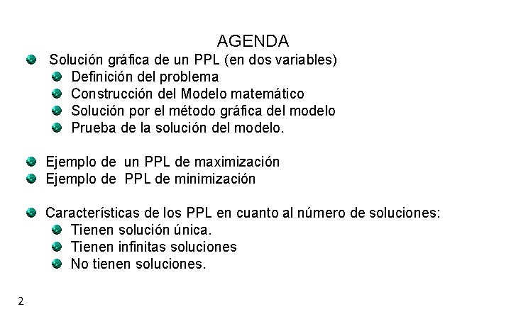 AGENDA Solución gráfica de un PPL (en dos variables) Definición del problema Construcción del