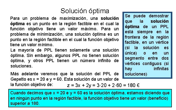 Solución óptima Para un problema de maximización, una solución óptima es un punto en