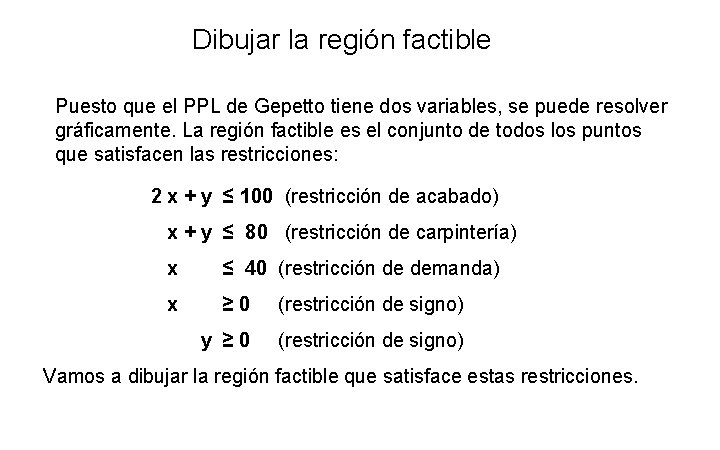 Dibujar la región factible Puesto que el PPL de Gepetto tiene dos variables, se