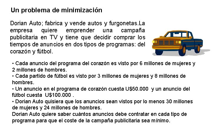 Un problema de minimización Dorian Auto; fabrica y vende autos y furgonetas. La empresa