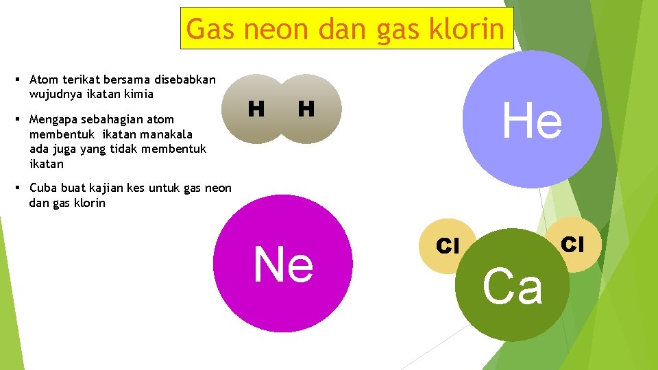 Gas neon dan gas klorin § Atom terikat bersama disebabkan wujudnya ikatan kimia §