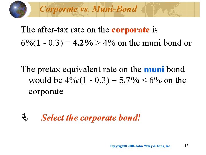 Corporate vs. Muni-Bond The after-tax rate on the corporate is 6%(1 - 0. 3)
