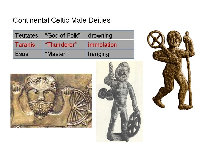 Continental Celtic Male Deities Teutates “God of Folk” drowning Taranis “Thunderer” immolation Esus “Master”