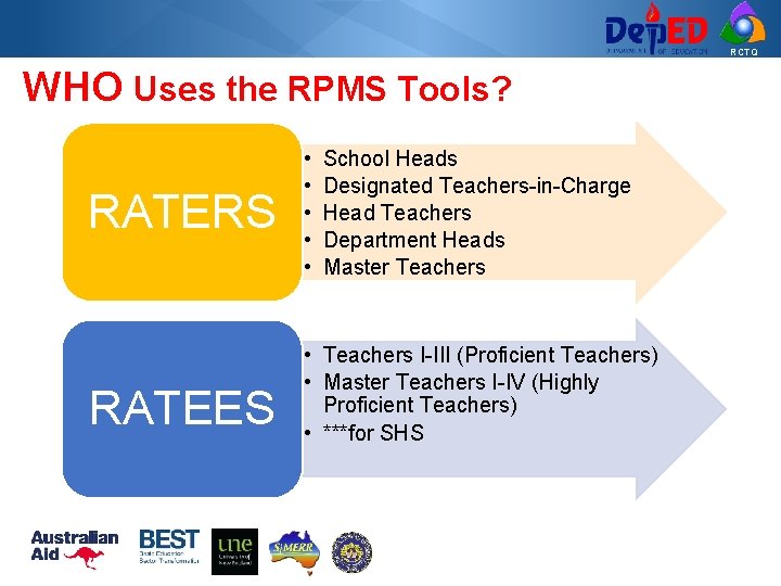 RCTQ WHO Uses the RPMS Tools? RATERS RATEES • • • School Heads Designated