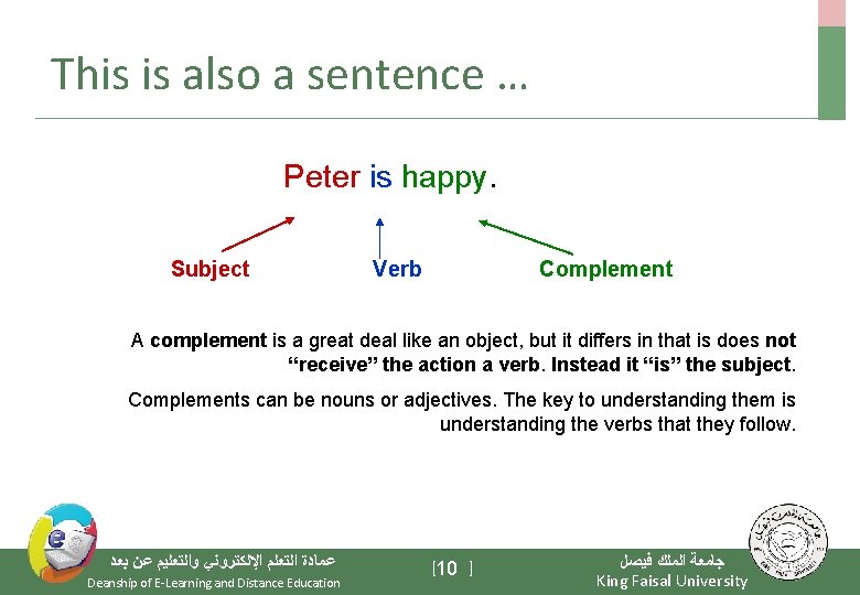 This is also a sentence … Peter is happy. Subject Verb Complement A complement