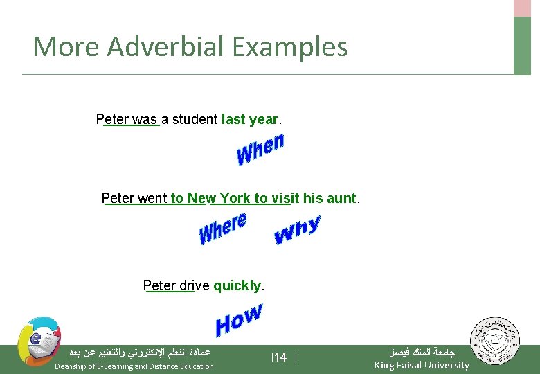 More Adverbial Examples Peter was a student last year. Peter went to New York