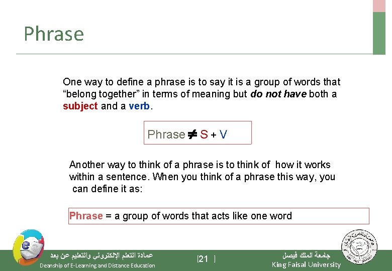 Phrase One way to define a phrase is to say it is a group