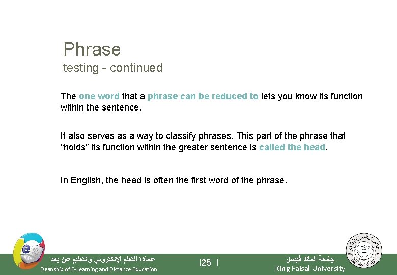 Phrase testing - continued The one word that a phrase can be reduced to