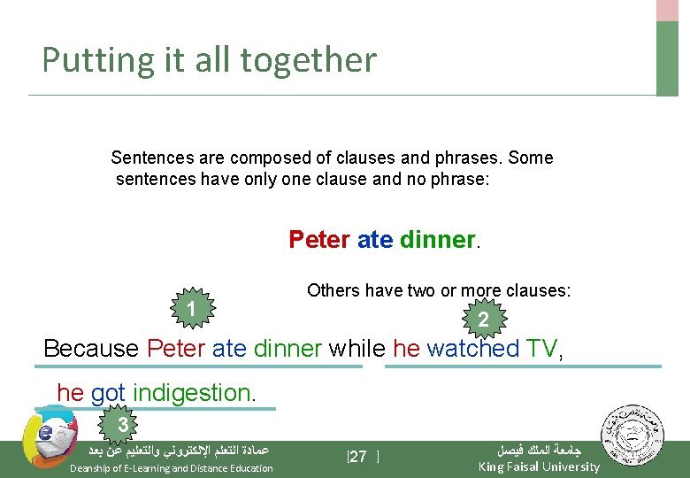 Putting it all together Sentences are composed of clauses and phrases. Some sentences have