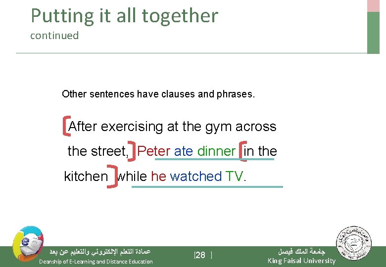 Putting it all together continued Other sentences have clauses and phrases. After exercising at