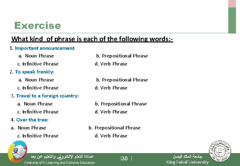 Exercise What kind of phrase is each of the following words: 1. Important announcement