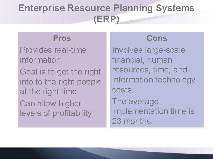 Enterprise Resource Planning Systems (ERP) Pros Provides real-time information. Goal is to get the