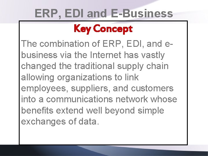 ERP, EDI and E-Business Key Concept The combination of ERP, EDI, and ebusiness via