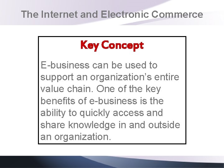 The Internet and Electronic Commerce Key Concept E-business can be used to support an
